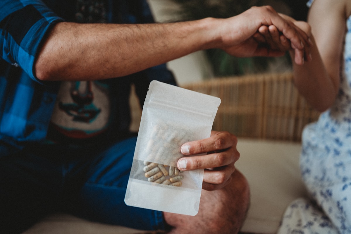 Natural supplement bottles and wellness products